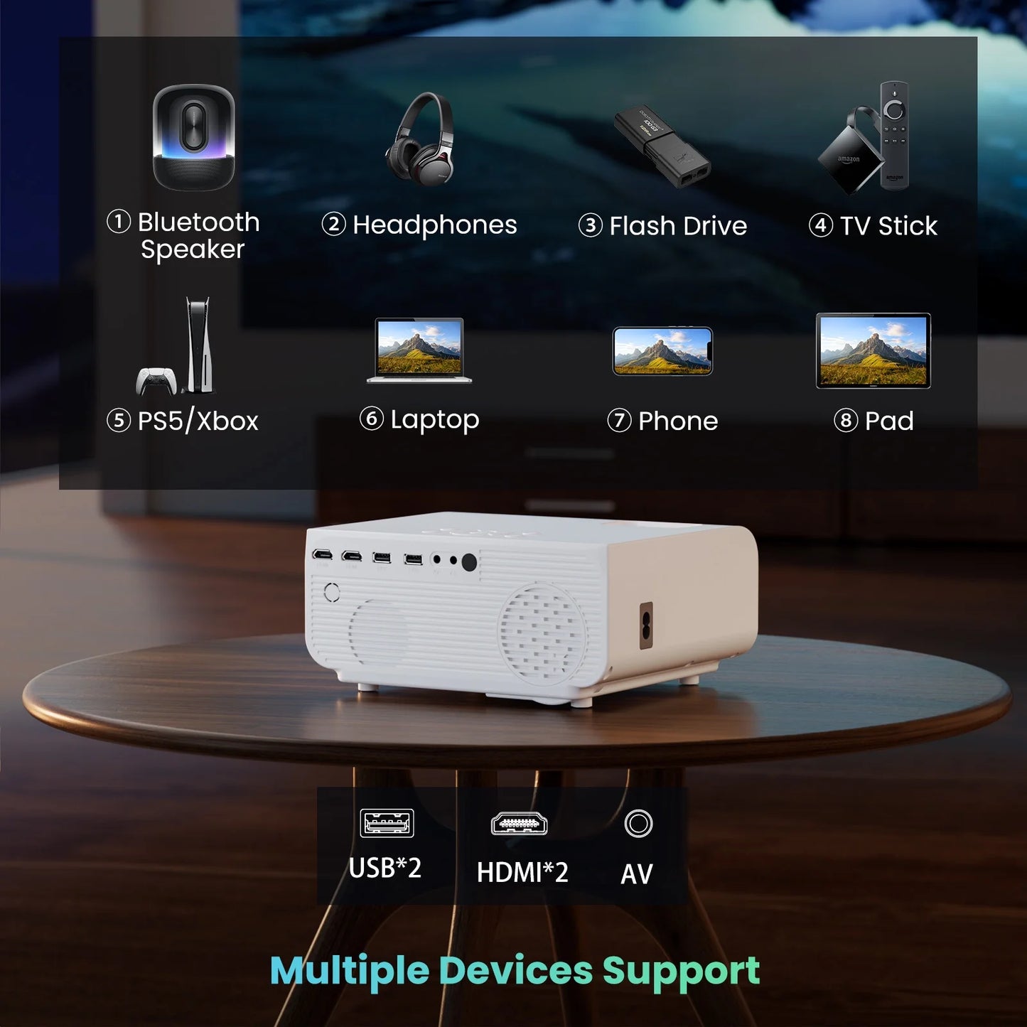 Wifi Bluetooth Projector, 1080P Projector, 4K Supported Movie Projector